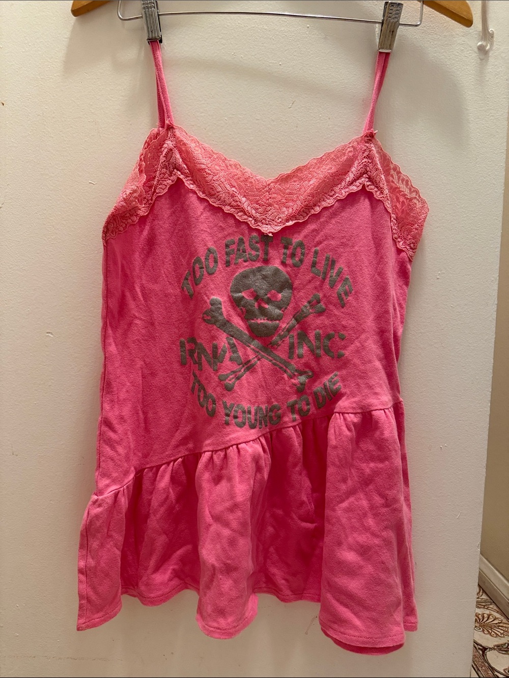 Pink Lace-Trim Skull Graphic Cami